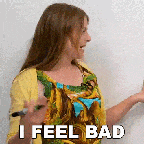 a woman wearing a yellow cardigan and a tropical shirt says i feel bad