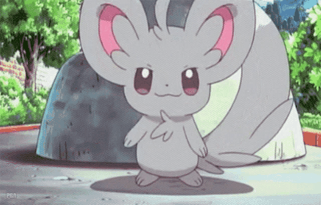 a cartoon character is standing on a sidewalk with a shadow on the ground .