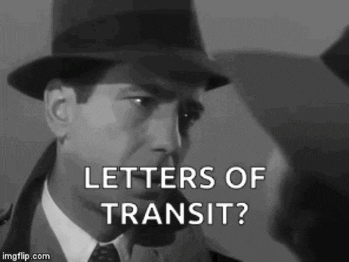 a black and white photo of a man in a hat and tie asking letters of transit .