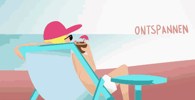 an illustration of a person sitting in a chair on the beach with the word ontspannen in the background