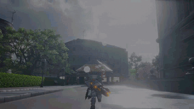 a person holding a gun in front of a building with a dome in the background
