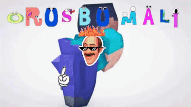 a cartoon drawing of a man wearing sunglasses with the words orus bo mali above him