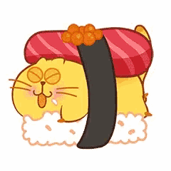 a cartoon cat is laying on top of a piece of sushi .
