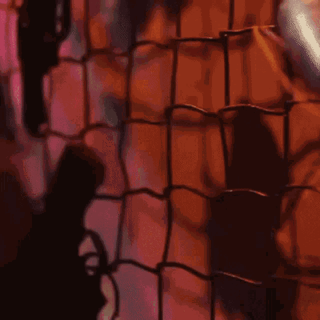a close up of a person 's face in front of a pink curtain and a fence .
