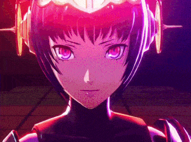 a close up of a girl with purple eyes and a crown on her head