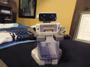 a robot with a sticker on it that says ' nintendo '
