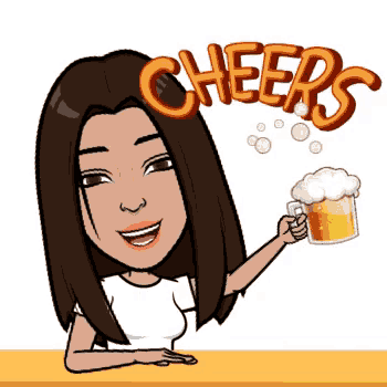 a cartoon of a woman holding a cup of beer with the word cheers above her head