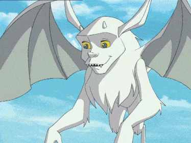 a cartoon drawing of a white monster with wings and horns