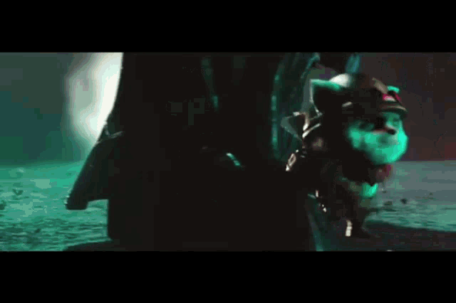 a cartoon character wearing a helmet and goggles is walking in a dark room .