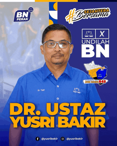 a poster for dr. ustaz yusri bakir with a blue shirt