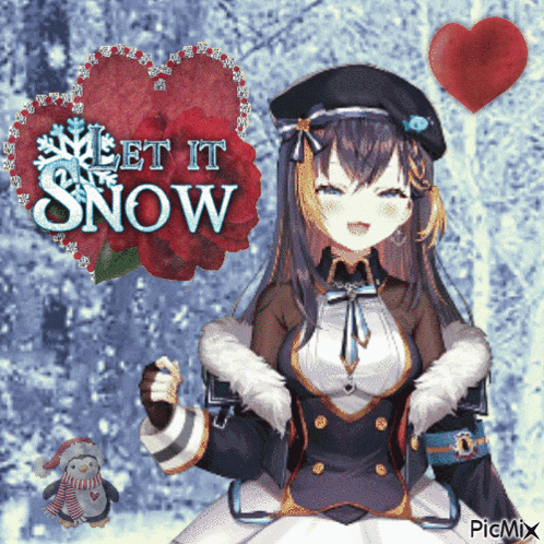 a picture of a girl with the words let it snow on the bottom