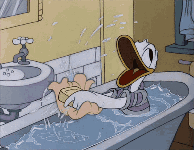 a cartoon of donald duck taking a bath in a bathtub