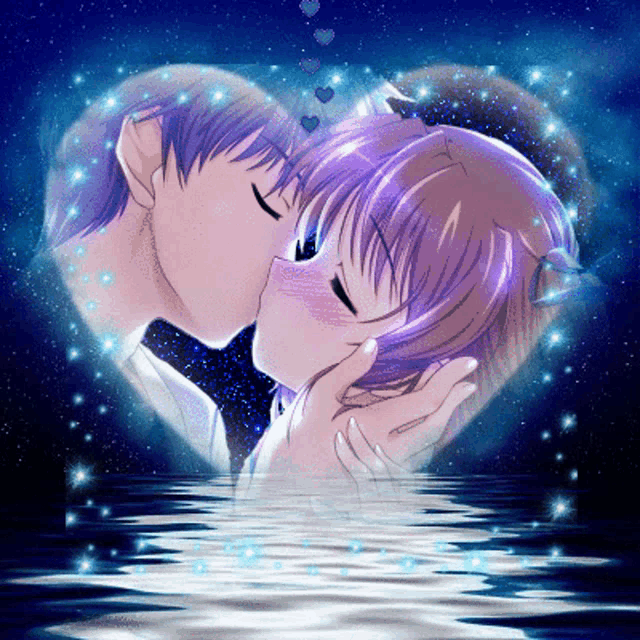 a boy and a girl kissing inside of a heart