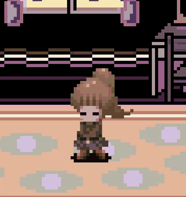 a pixel art of a girl standing on a carpet