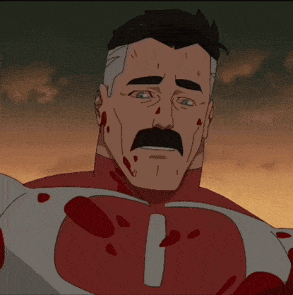 a cartoon of a man with a mustache in a bloody suit