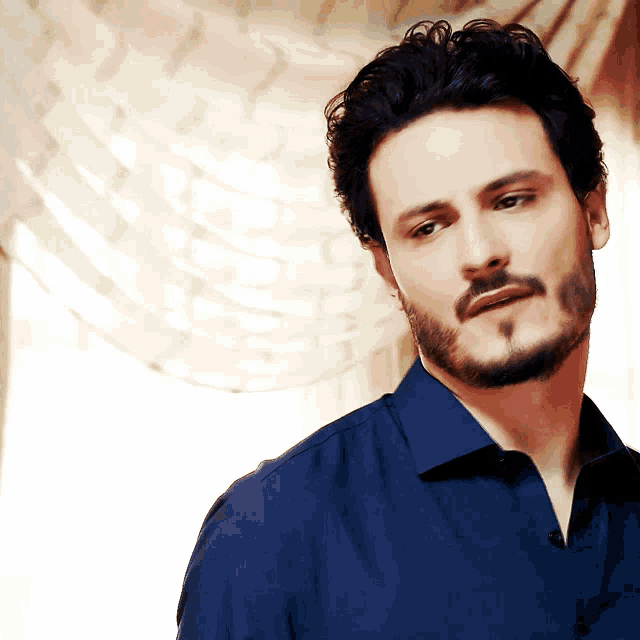 a man with a beard in a blue shirt