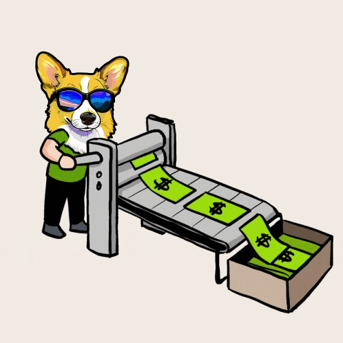 a cartoon of a dog wearing sunglasses standing next to a conveyor belt