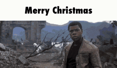 a man in a brown jacket stands in front of a ruined building with the words merry christmas written above him