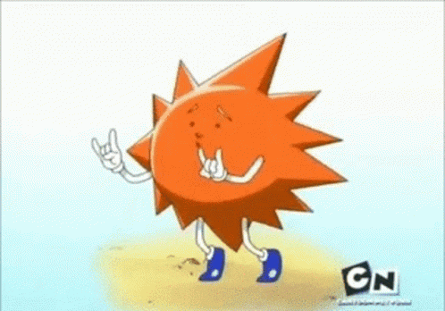 a cartoon of a sun with arms and legs and a cn logo in the background