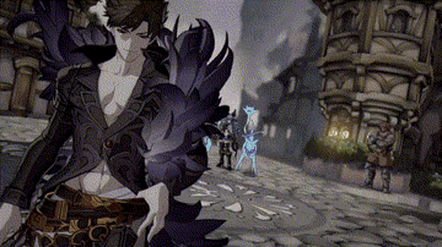 a man in a purple jacket is standing on a cobblestone street in a video game .