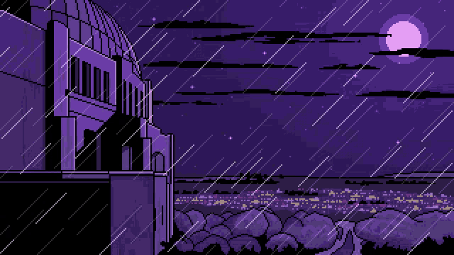 a pixel art drawing of a building in the rain with a full moon in the background