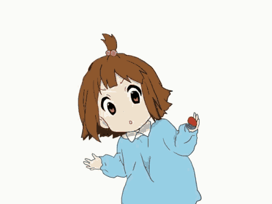 a little girl in a blue sweater is holding a red object