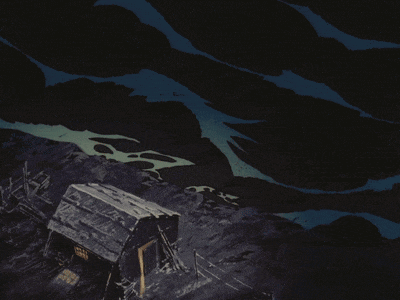 a painting of a house in the middle of a field with a river in the background