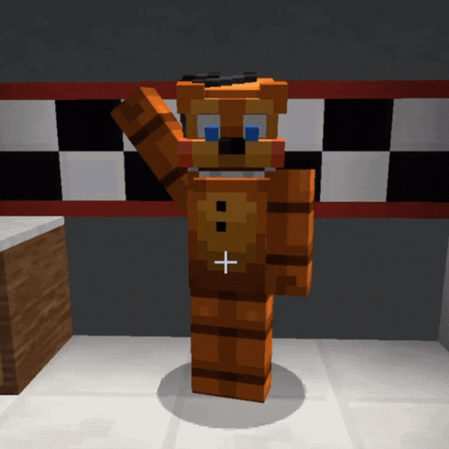 a minecraft character of a teddy bear with a white cross on his chest