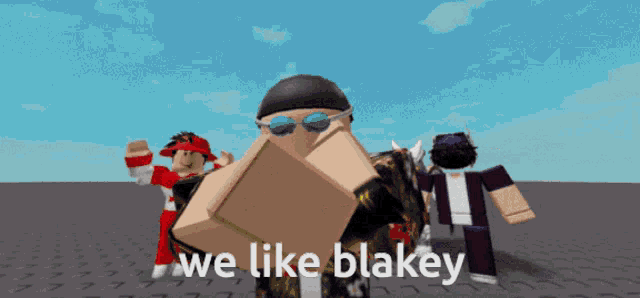 a group of roblox characters are dancing with the words " we like blakey " on the bottom