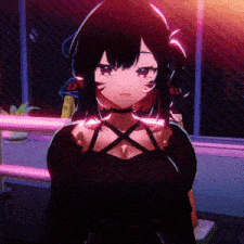 a girl with a choker around her neck is wearing a black dress