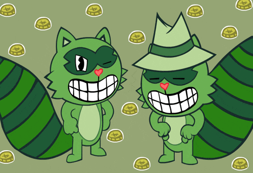 two green squirrels are standing next to each other with coins in the background