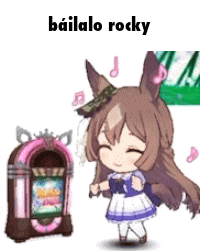 a cartoon of a girl dancing next to a jukebox with the words bailalo rocky on it .