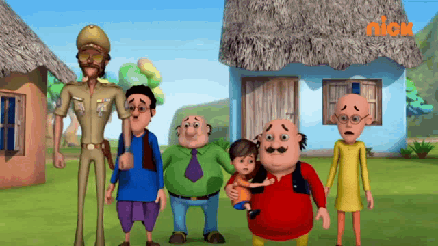 a group of cartoon characters are standing in front of a thatched roofed building that says nick on it