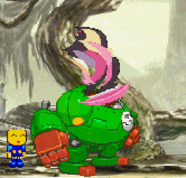 a pixel art drawing of a green robot with a pink hat on