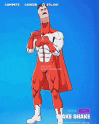 a man in a red and white superhero costume is standing with his arms crossed .