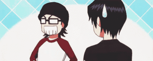 two anime characters are standing next to each other and one of them is wearing glasses and a hat .
