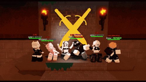 a group of people are standing in front of an x in a game