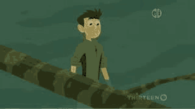 a man is standing on a log in the water .