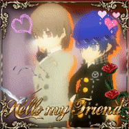 two anime characters are standing next to each other with the words hello my friend on the bottom