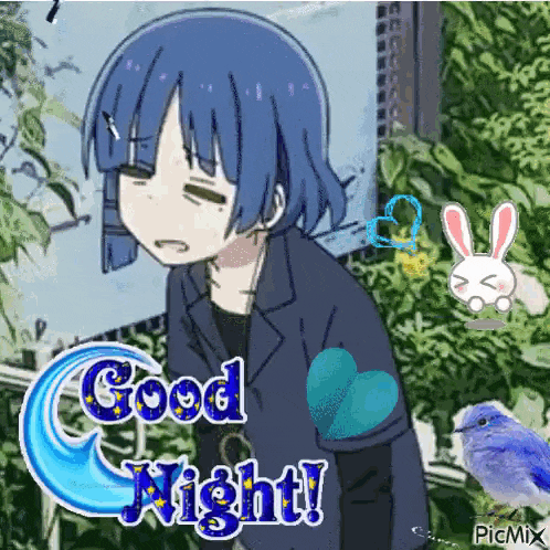 a picture of a girl with blue hair saying good night .