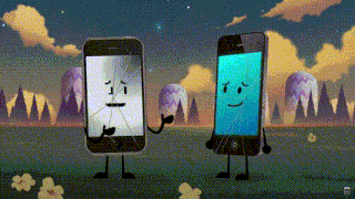 a cartoon drawing of two cell phones one with a broken screen and one with a smiling face