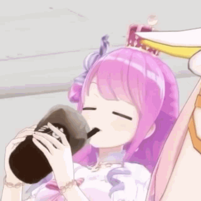 a girl with pink hair is drinking from a starbucks cup with a straw