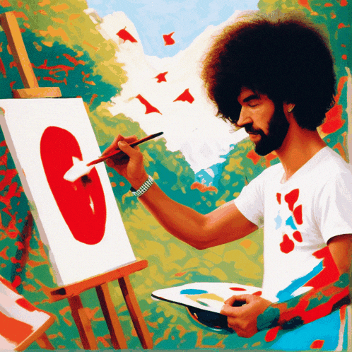 a man is painting a red circle on a white canvas