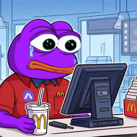 a purple frog is sitting at a mcdonald 's counter