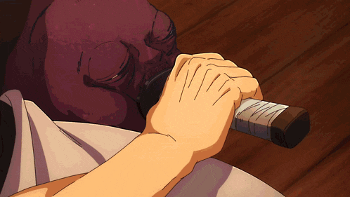 a cartoon of a person holding a sword with a purple face in the background