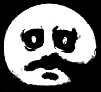 a black and white drawing of a sad smiley face with a mustache on a black background .