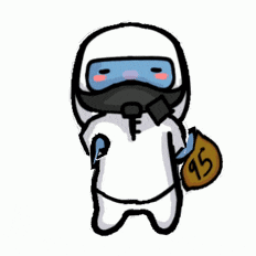 a cartoon drawing of a person wearing a helmet and holding a bag with the number 95 on it