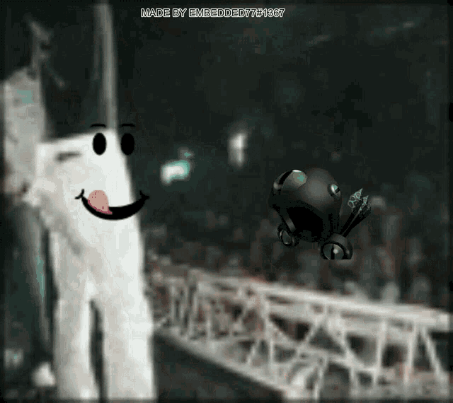 a drawing of a ghost with a pink tongue and a robot with green eyes made by embedded0751337