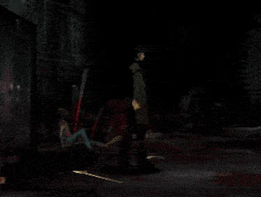 a man in a yellow coat is standing in a dark room with blood on the floor