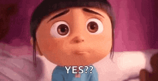 a little girl from despicable me is sitting on a bed and asking a question .